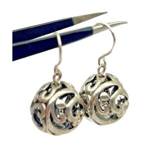 Silver Tone Filigree Ball Drop Earrings Hooks